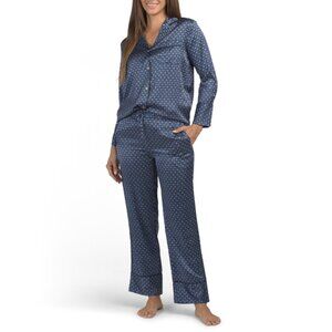 PETITE PLUME Navy Silk Midnight Foulard Pajama Top And Pants Set